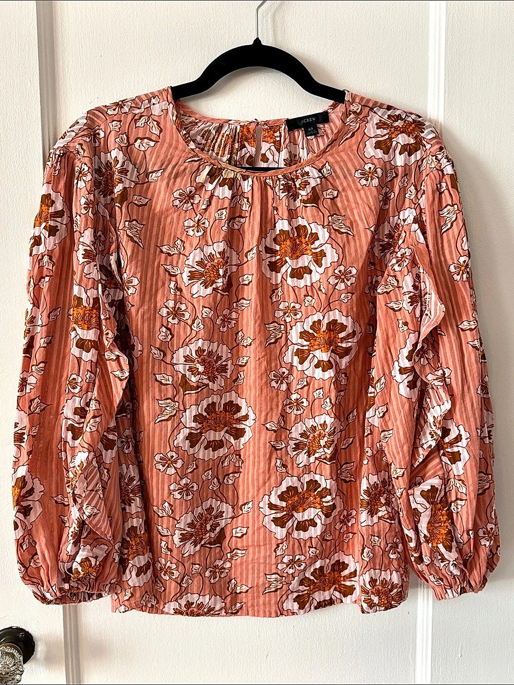 J Crew Floral and Striped Long Ruffle Sleeve Blouse in Pink